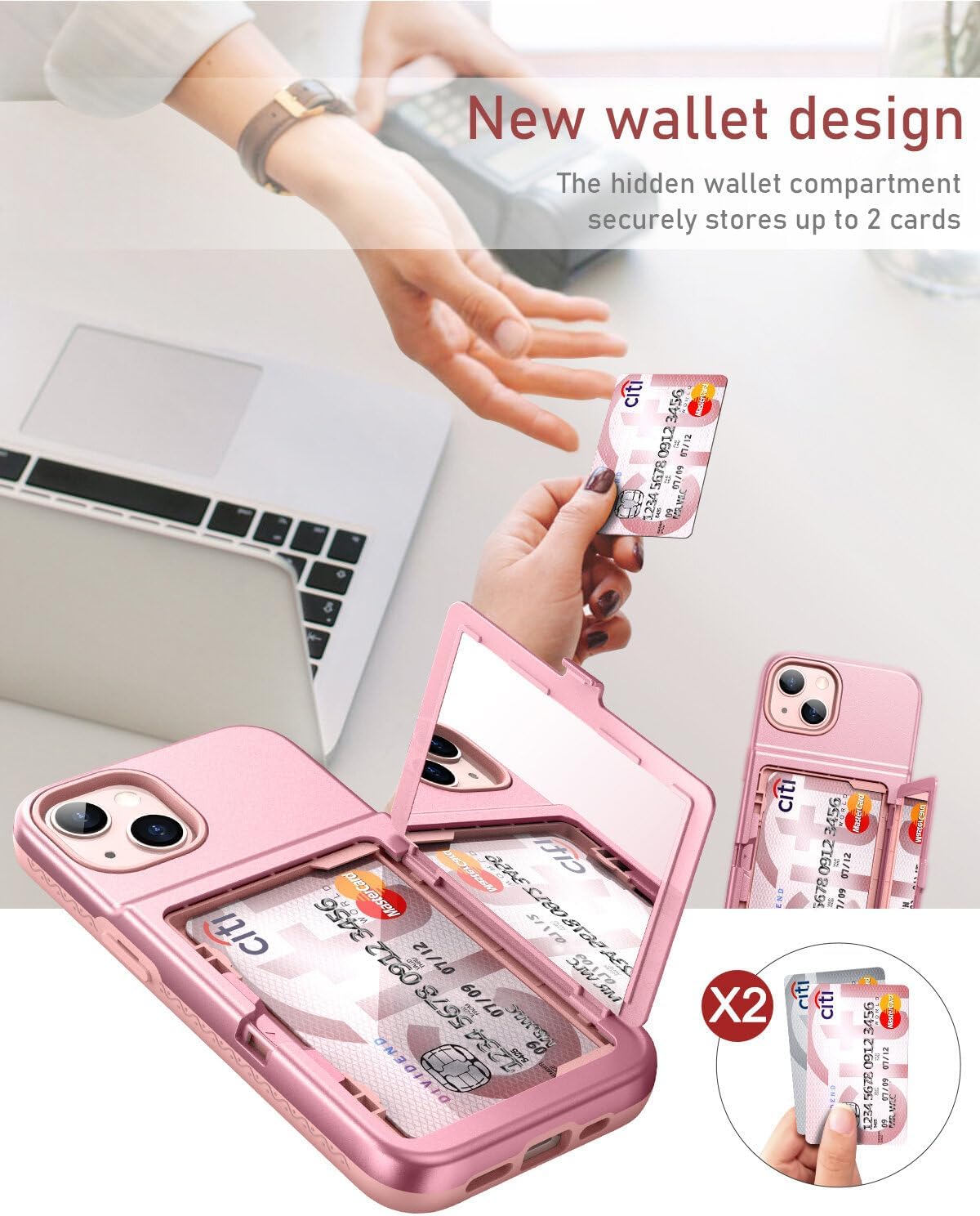 WeLoveCase for iPhone 13 / iPhone 14 Wallet Case with Credit Card Holder & Hidden Mirror, Two Layer Shockproof Heavy Duty Protection Cover Protective Case for iPhone 13/14 6.1 Inch-Rose Gold - Image 5