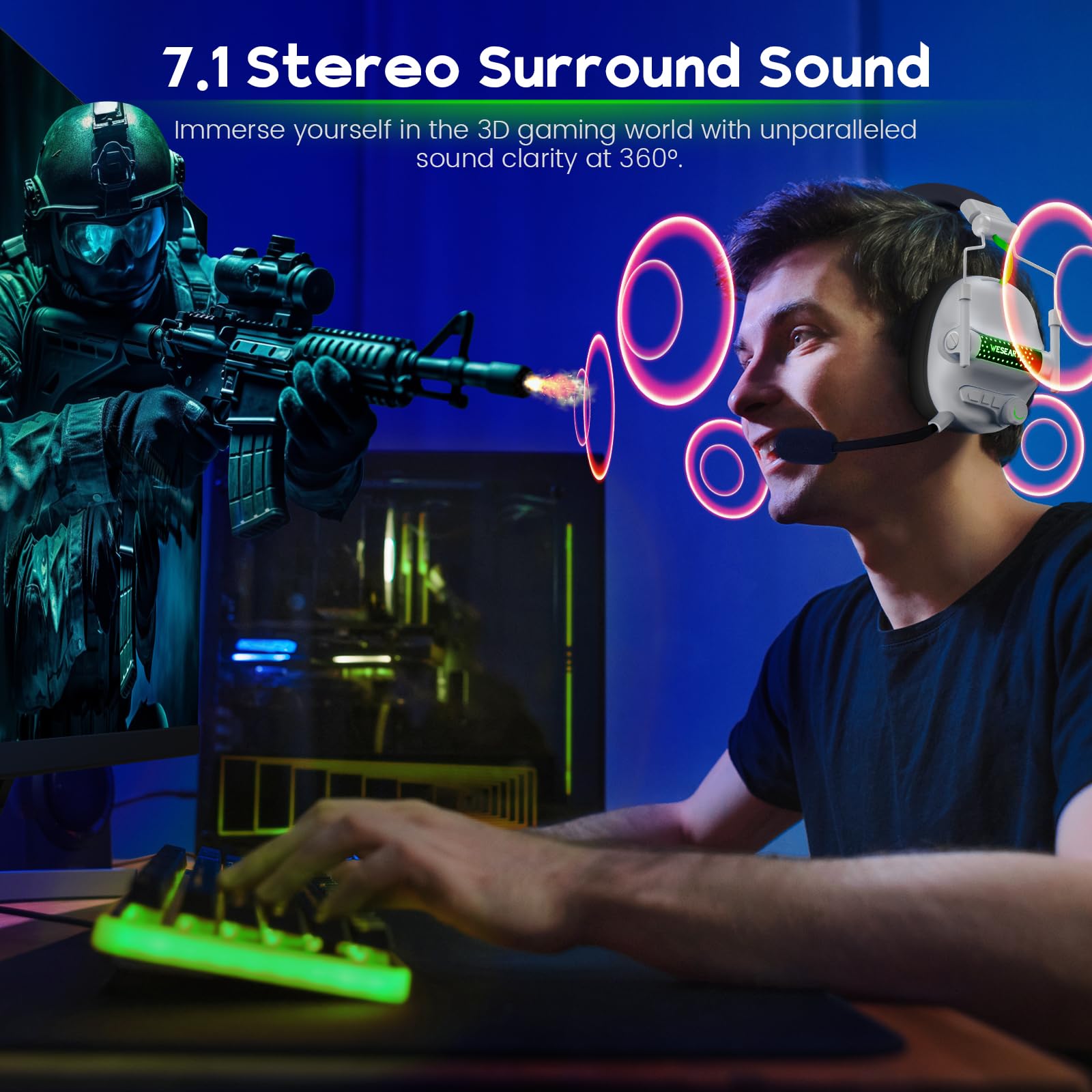 WESEARY WG2 Cascos Gaming Inalambricos, Auriculares Gaming Inalambricos de 2.4G para PS5, PS4, PC, Switch, Sonido Estéreo 7.1 Auriculares con Microfono, Cascos Gaming con Luz LED, Duración 50Hr+