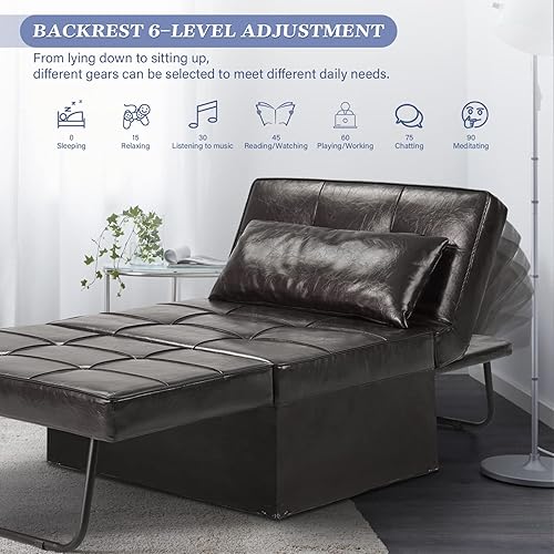 Miniatura 6 de Saemoza - Sofá cama de cuero, cama otomana plegable 4 en 1, silla convertible moderna con respaldo ajustable, elegante sofá cama de piel sintética