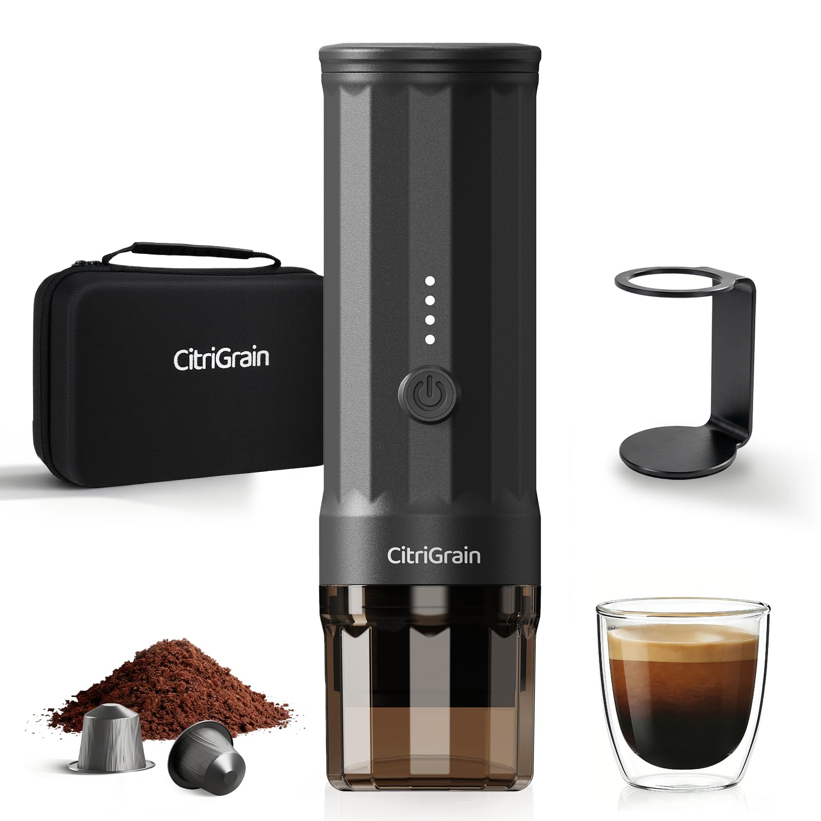 Cafetera espresso portátil para camping, viajes y exteriores, cafetera eléctrica de 20 bares, USB-C para coche/caravana/oficina, autocalentamiento rápido con soporte y funda, café molido y