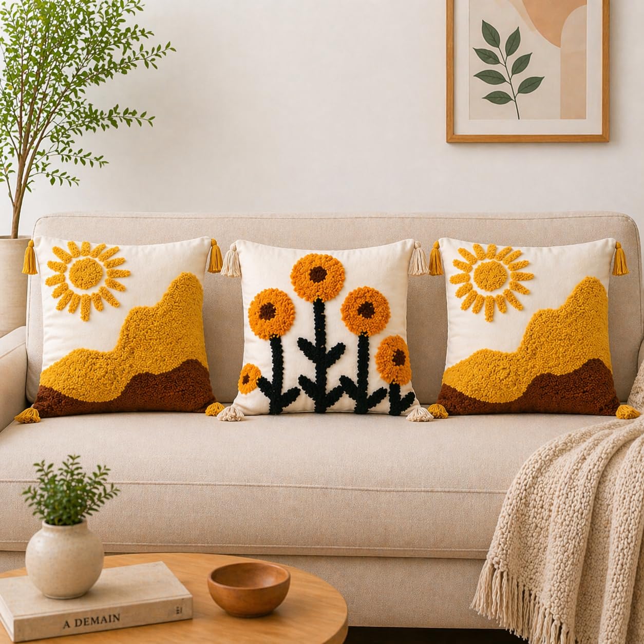 Set of 3 Decorative Cushion Covers 16x16 Inch | Tufted Boho Throw Pillow Covers for Sofa & Living Room | Cotton Cushion Cover Set with Tassels - Design 10-image-2