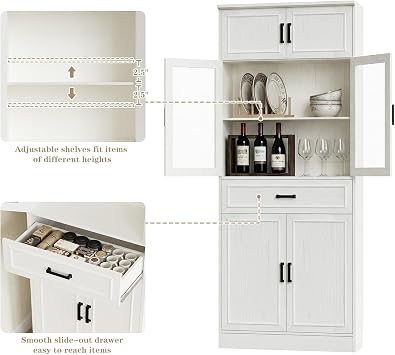 Unikito 80 Kitchen Pantry Cabinet with Glass Doors and Drawer Organizer