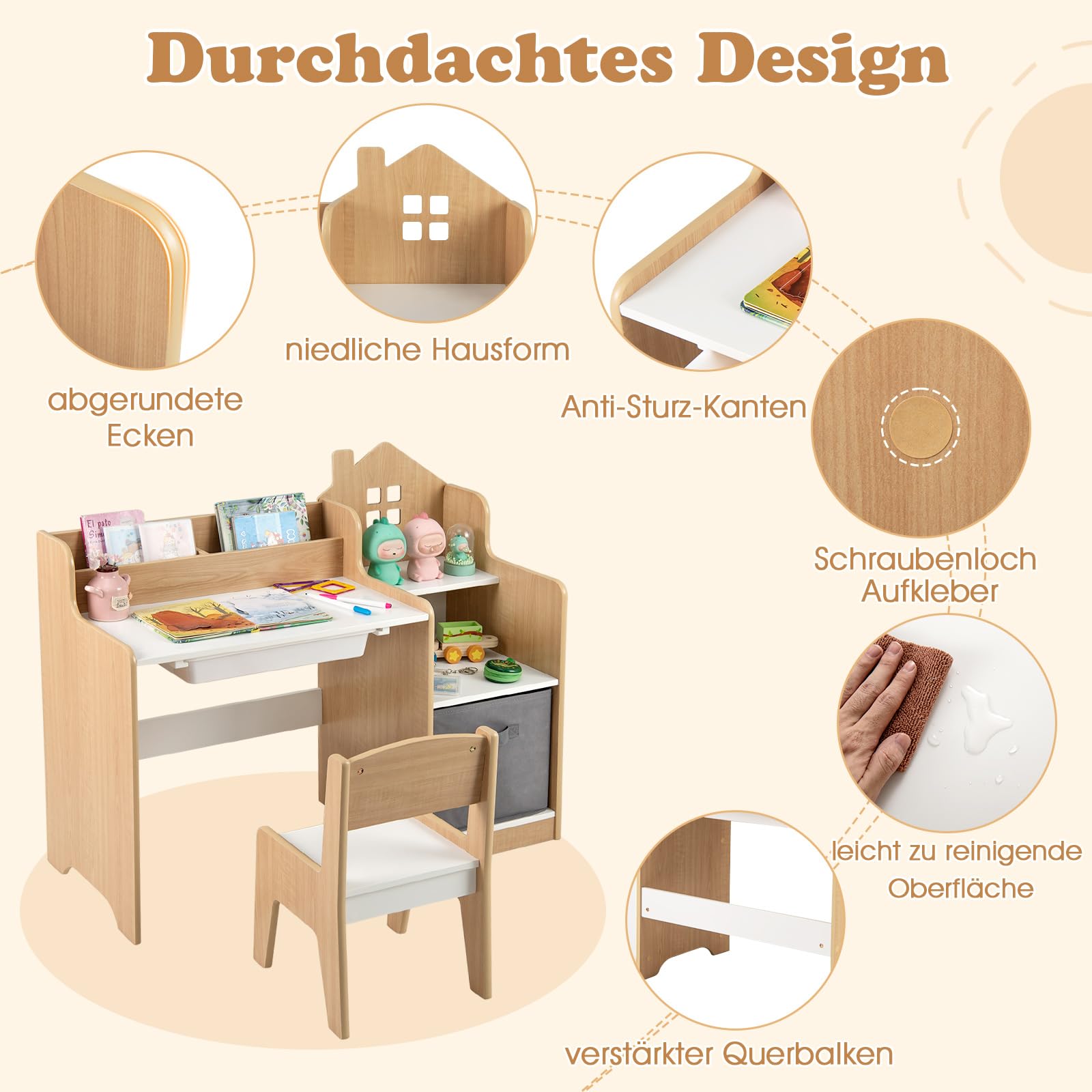 DREAMADE Schreibtisch Kinder mit Stuhl, Schülerschreibtisch mit 2 offenen Fächern & 2 offenen Regale & Schubladen, Kinderschreibtisch für Jungen und Mädchen ab 3 Jahren (Natur)