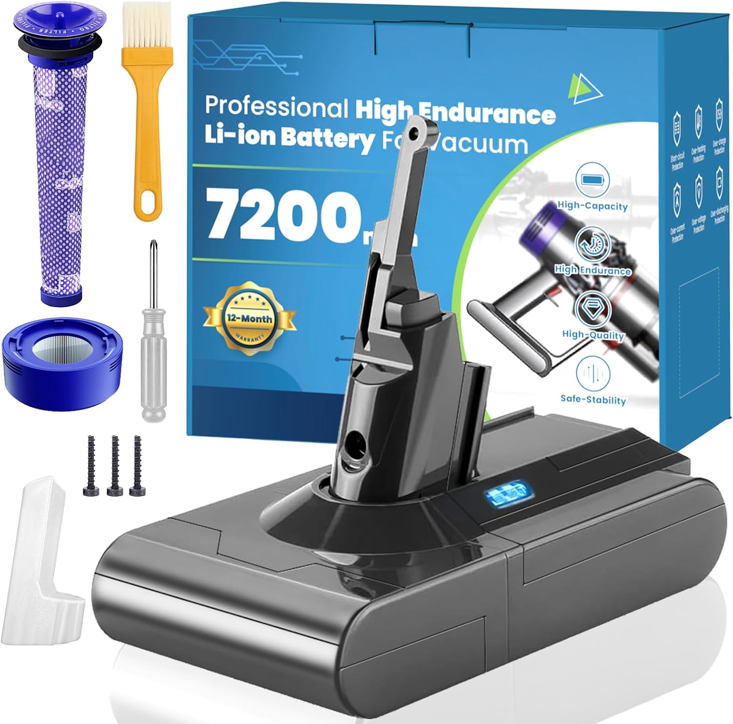 Upgraded 7200mAh V8 Battery Compatible with Dyson V8 Animal V8 Absolute V8 Fluffy V8 Motorhead SV10 Carbon Fibe Vacuum Cleaner, 25.2V High Endurance V8 Battery Replacement with Filters