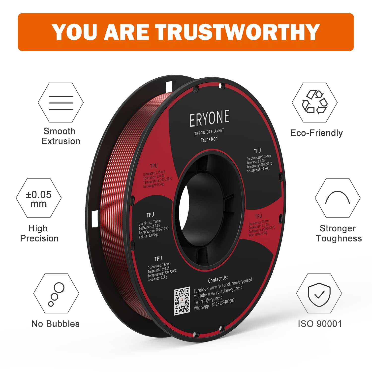 Up To 40% OFF ERYONE TPU Filament 1.75mm Flexible Roll Soft 3D Printing Bundle for 3D Printer, Tolerance:±0.05mm, 0.5kg (1.1 LBS) / Spool. Transparent red