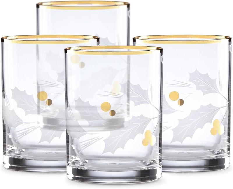 Lenox Holiday Gold Double Old Fashioned Glasses, Christmas Set of 4 | 12oz capacity | 4.25 inch height | festive holiday whiskey glasses, gift for women, drinkware set, glassware