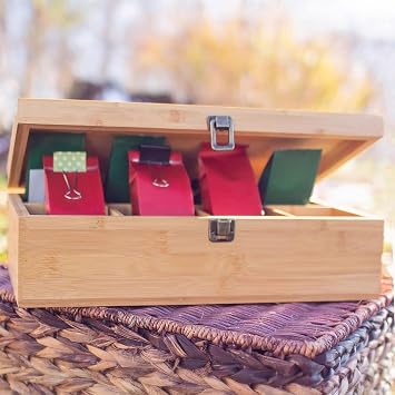 Bamboo Tea Organizer Box Chemical Free Eco-Friendly Big, Tall, Adjustable Cubbies Natural Wooden Storage Chest (8-Slot 14.3 x 8.1 x 4.2 Blank)