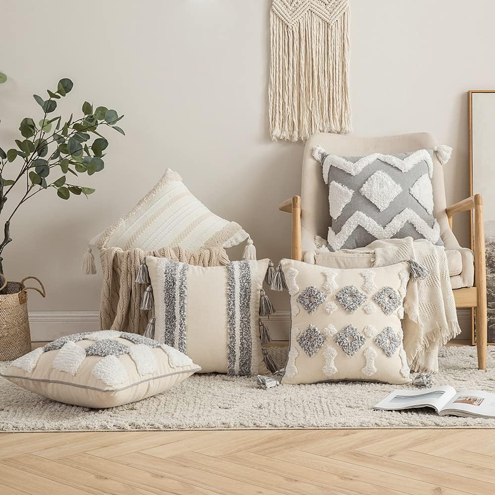 MIULEE Decorative Throw Pillow Cover Tribal Boho Woven Tufted Pillowcase with Tassels Super Soft Square Pillow Sham Cushion Case for Sofa Couch Bedroom Car Living Room 18X18 Inch Gray