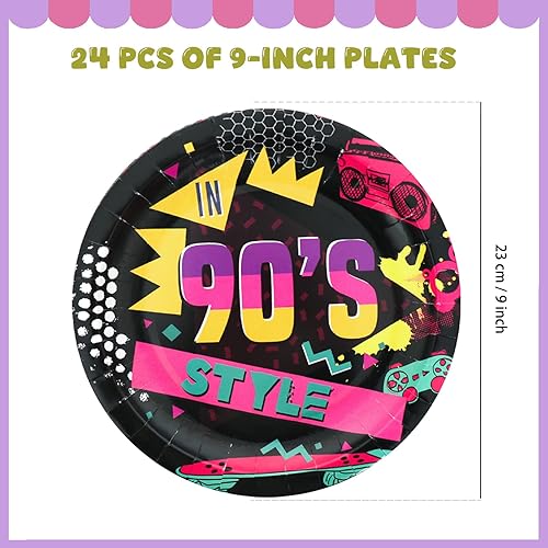 Miniatura 3 de Juego de 96 piezas de vajilla de decoración de fiesta de los años 90 para adultos y adolescentes, incluye platos, servilletas, tenedores,