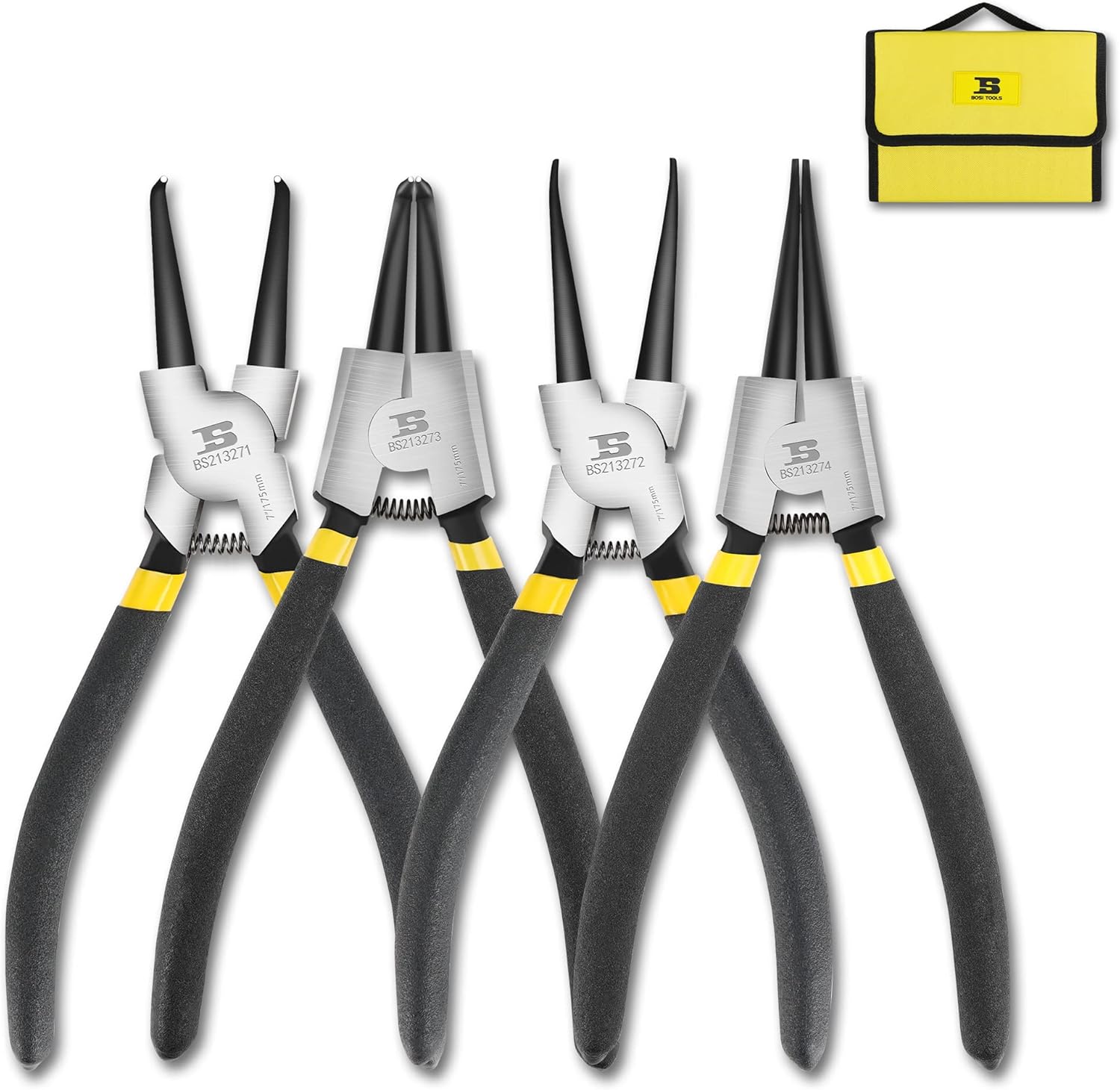 4-piece Snap Ring Pliers Set Heavy Duty 7 Inch Internal/External Circlip Pliers Kit Cr-V Steel Straight/Bent Jaw Pliers C-clip Pliers, 5/64" Tip, for Ring Remover Retaining with Pouch