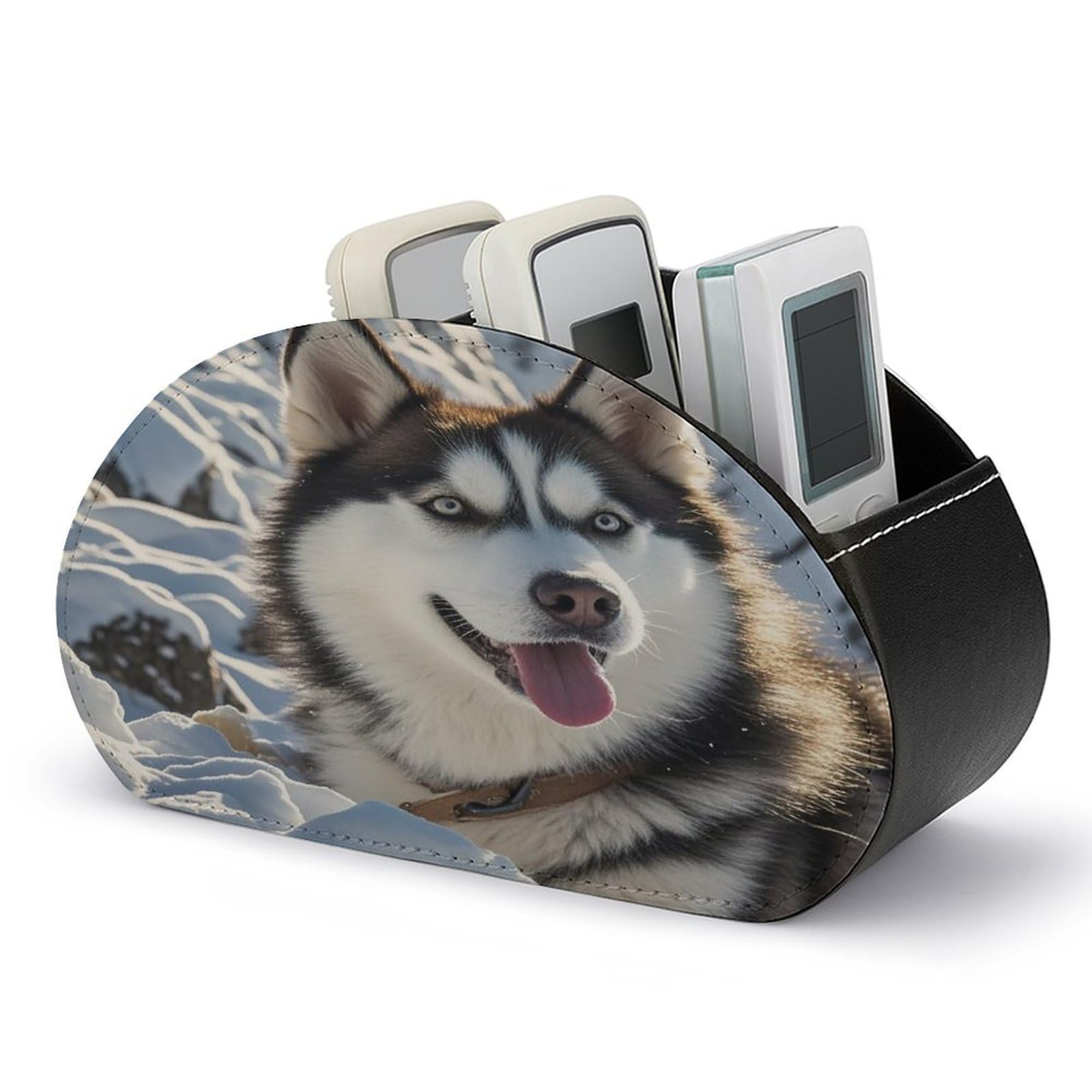 FekiLoot Adorable Huskies TV Remote Control Holder with 5 Compartments Multi-functional Leather Bedside Table Remote Caddy Desktop Storage Box for Store Pen Controller Media Player Cosmetic