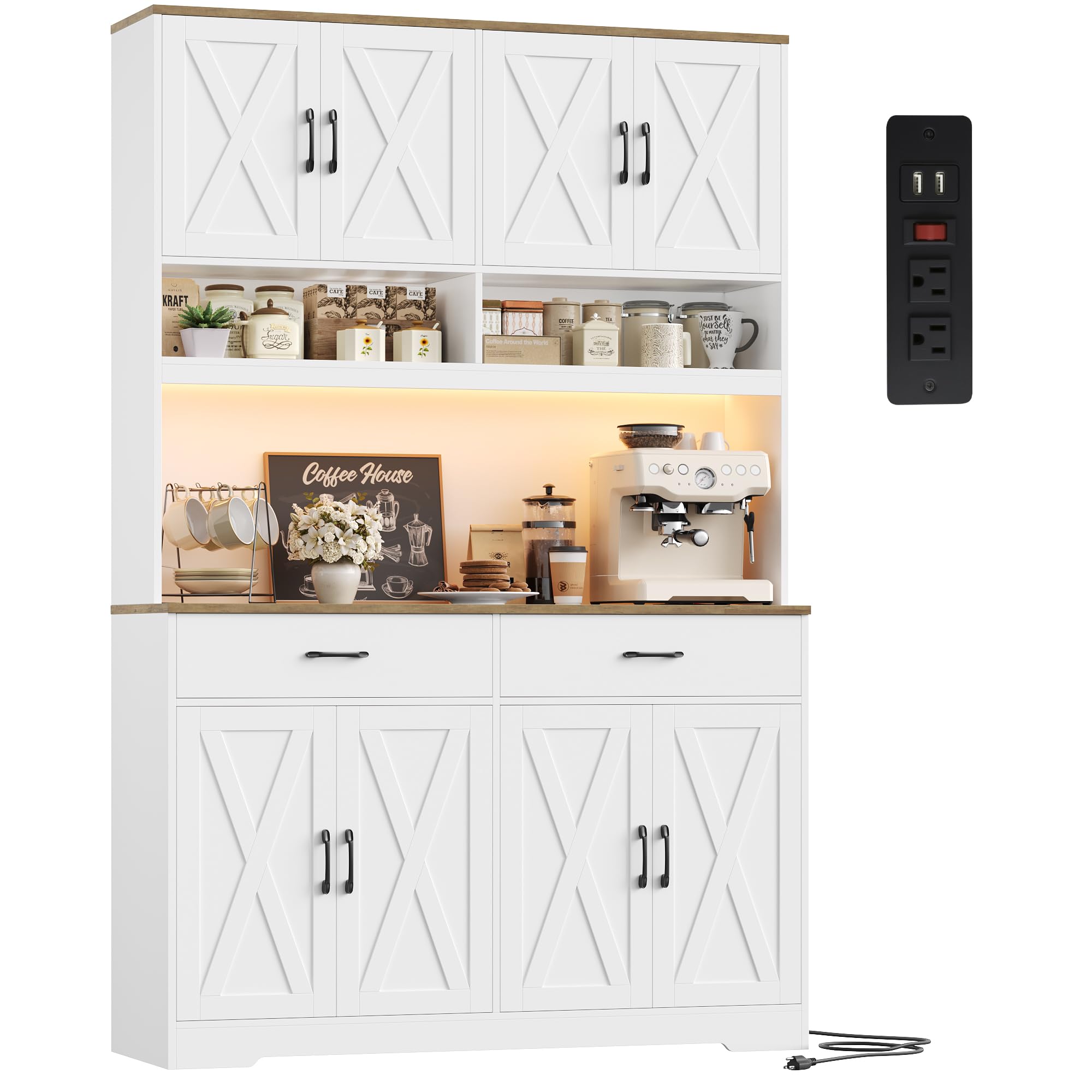 Modern Farmhouse Pantry Cabinet, 75" Tall Kitchen Pantry Storage Cabinet with Charging Station, RGB LED Light, Multi-Purpose Kitchen Storage Hutch Cabinets with Adjustable Shelves, White
