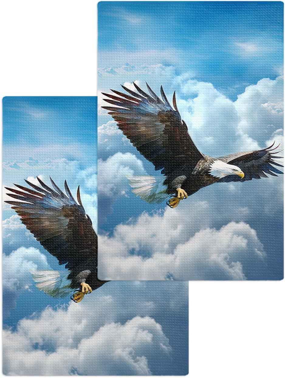 Kitchen Towel 2 Packs Cotton Waffle Weave, Eagle 16 x 24 Inch Absorbent Quick Drying Dish Towels Clothes for Kitchen Living Room Washable Tea Towels Set