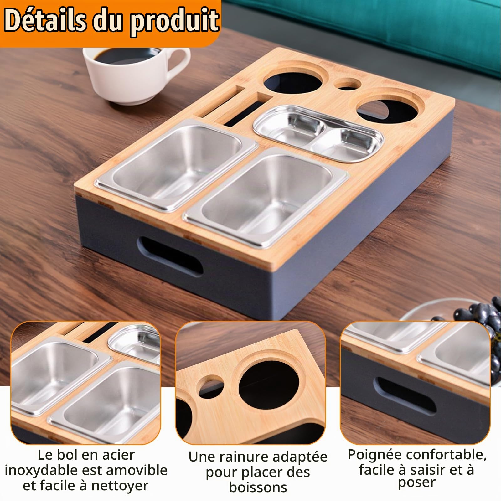 Plateau Collation Canapé avec Bols Snack Acier Inoxydable Amovible, Plateau Bois pour Salon Chambre Jardin Camping Voiture, Plateaux Nourriture Bambou pour Restaurant, fête, Rassemblement, Pique-Nique