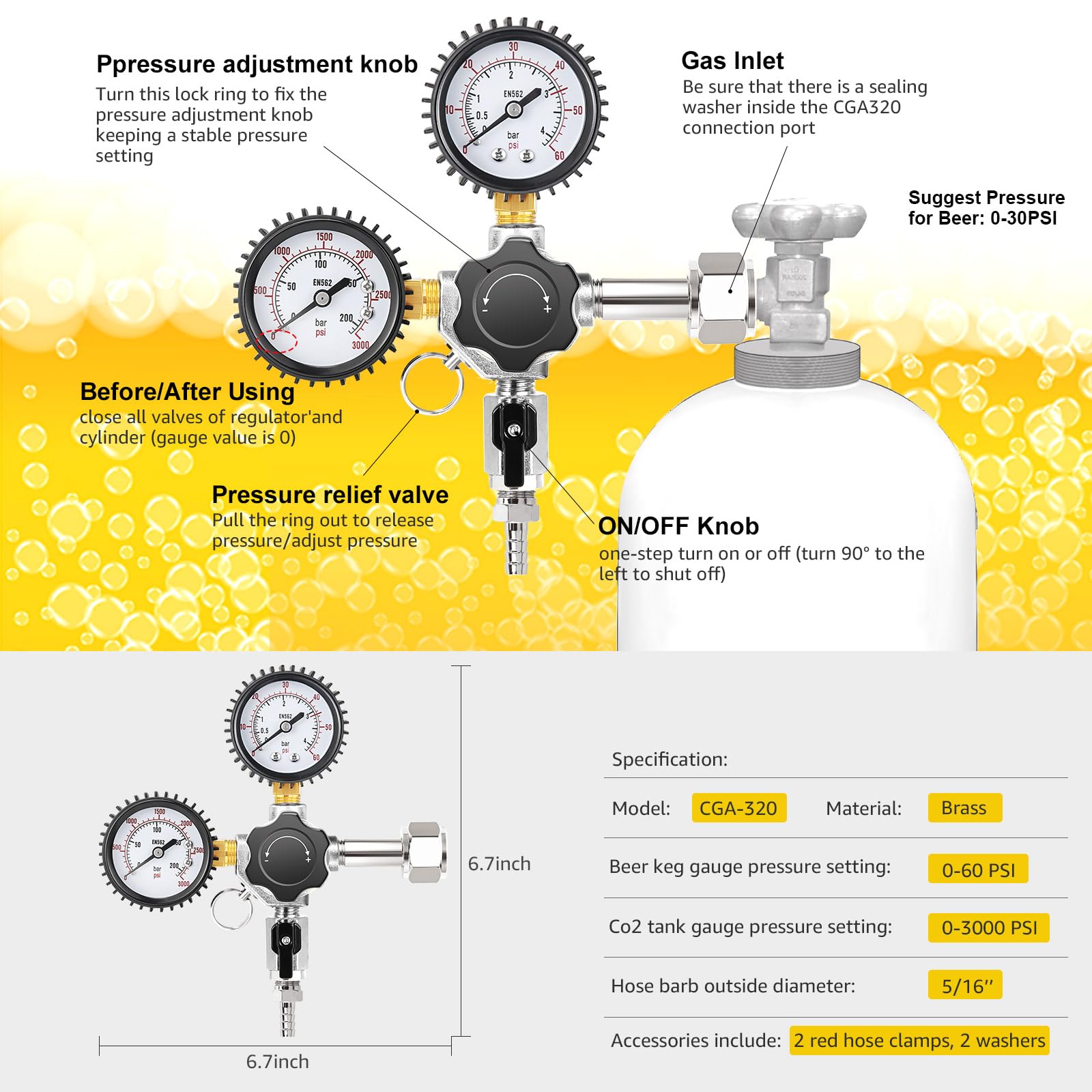 Regulador de CO2 para barril de cerveza de 0 a 60 psi, regulador de barril de cerveza, regulador de tanque de CO2 estándar CGA-320, regulador de gas de 0 a 3000 psi, regulador de barril de salida ún
