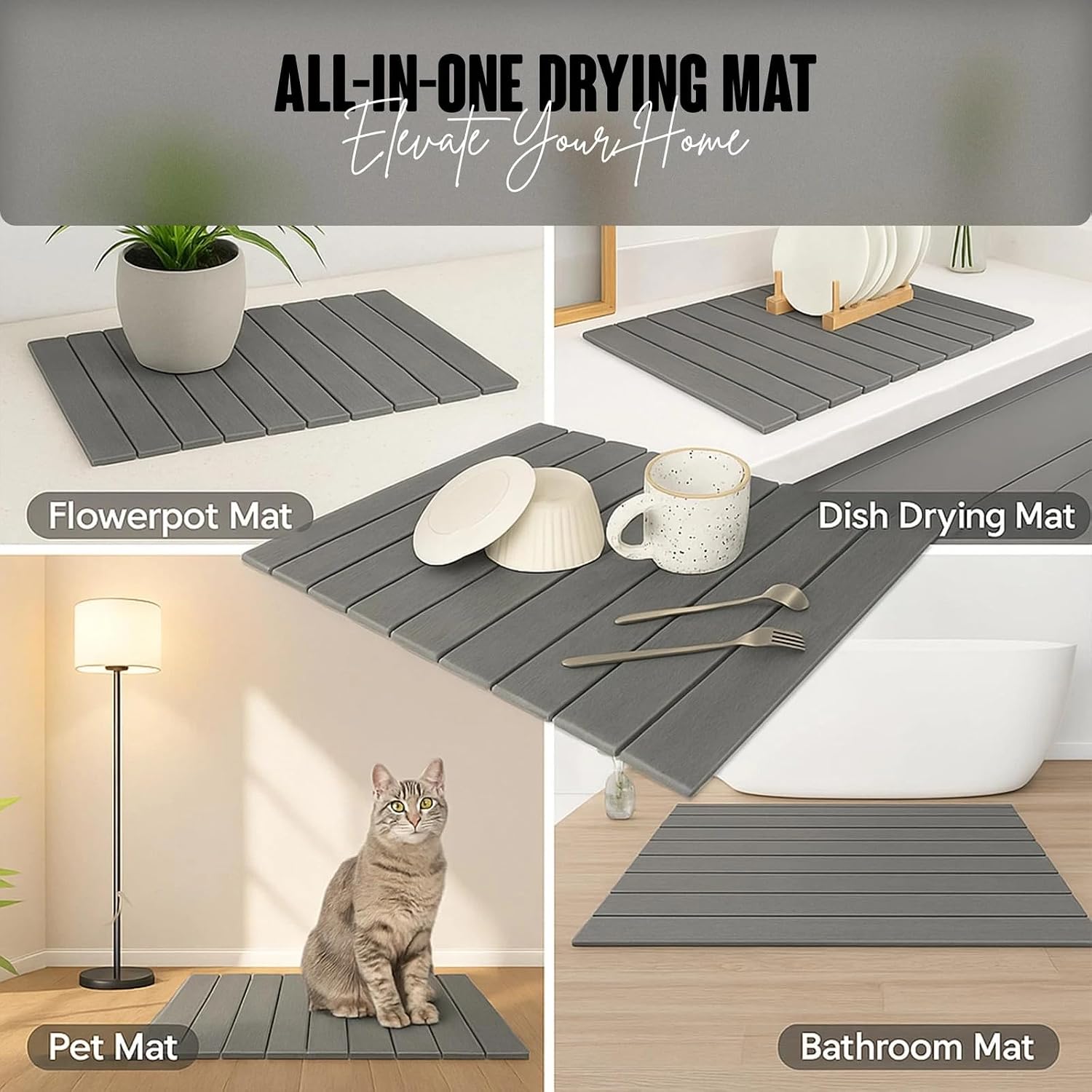 Diatomaceous Earth Dish Drying Mat 24x16 Inch – Fast Absorbing Stone Drying Mat for Kitchen Counter, Non-Slip Dish Mat for Dishes, Cups & Utensils, Large Kitchen Mat, Dark Gray