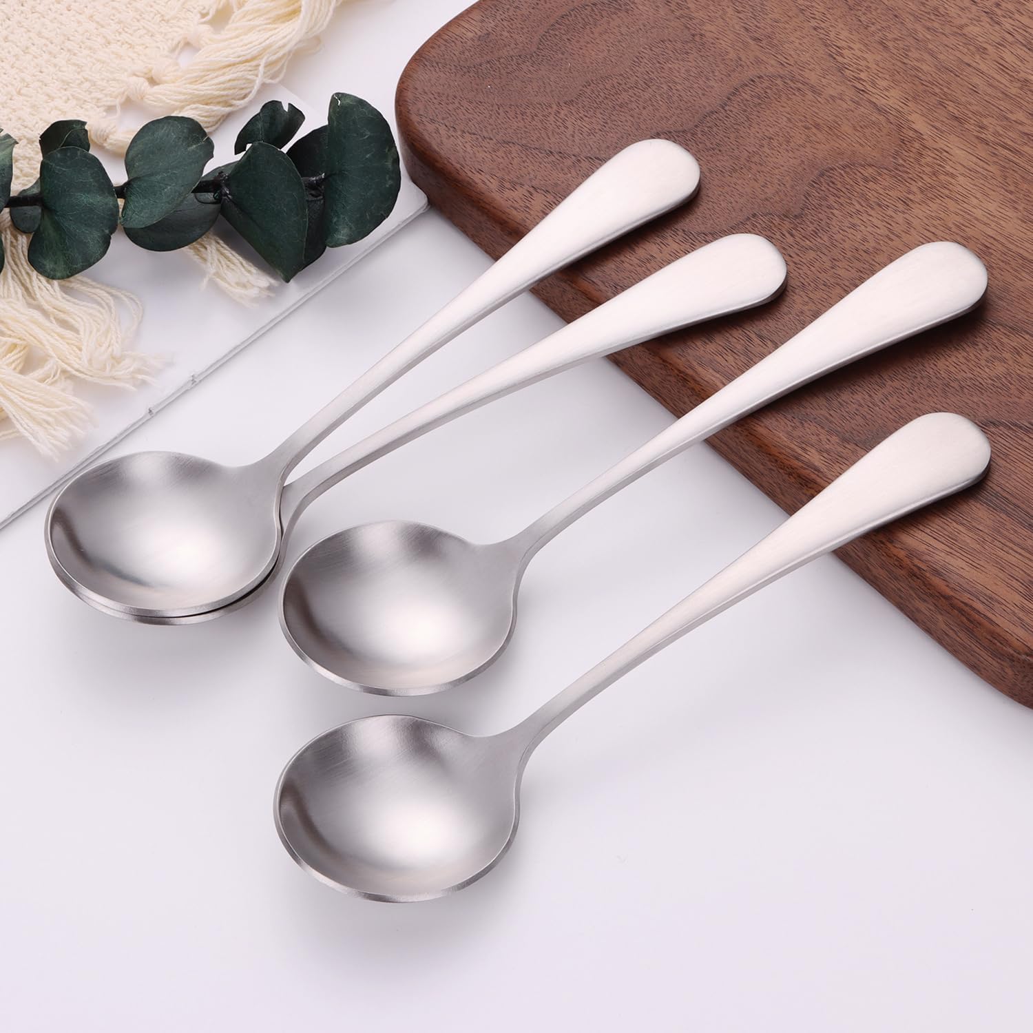 7" Elegant Soup Spoons Silverware Set,18/10 Stainless Steel,Matte Satin Finish,Dishwasher Safe(Set of 4,Silver)