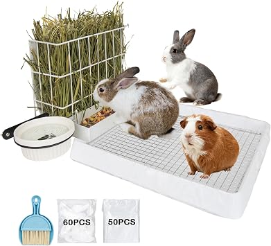 BESNEW 3 in 1 Rabbit Hay Feeder with Litter Box & Small Animal Bedding Litter,Upgraded Metal Hay Rack & Litter Tray & Water Bowl,Quick Cleaning,Easy to Install