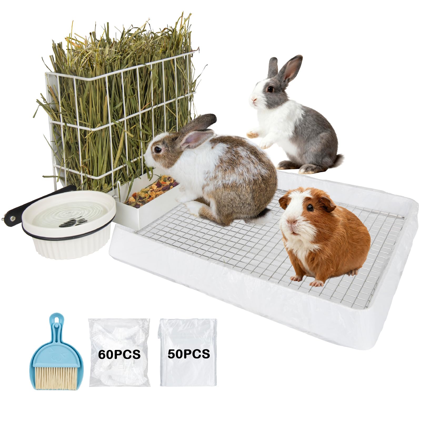 3 in 1 Rabbit Hay Feeder with Litter Box & Small Animal Bedding Litter,Upgraded Metal Hay Rack & Litter Tray & Water Bowl,Quick Cleaning,Easy to Install