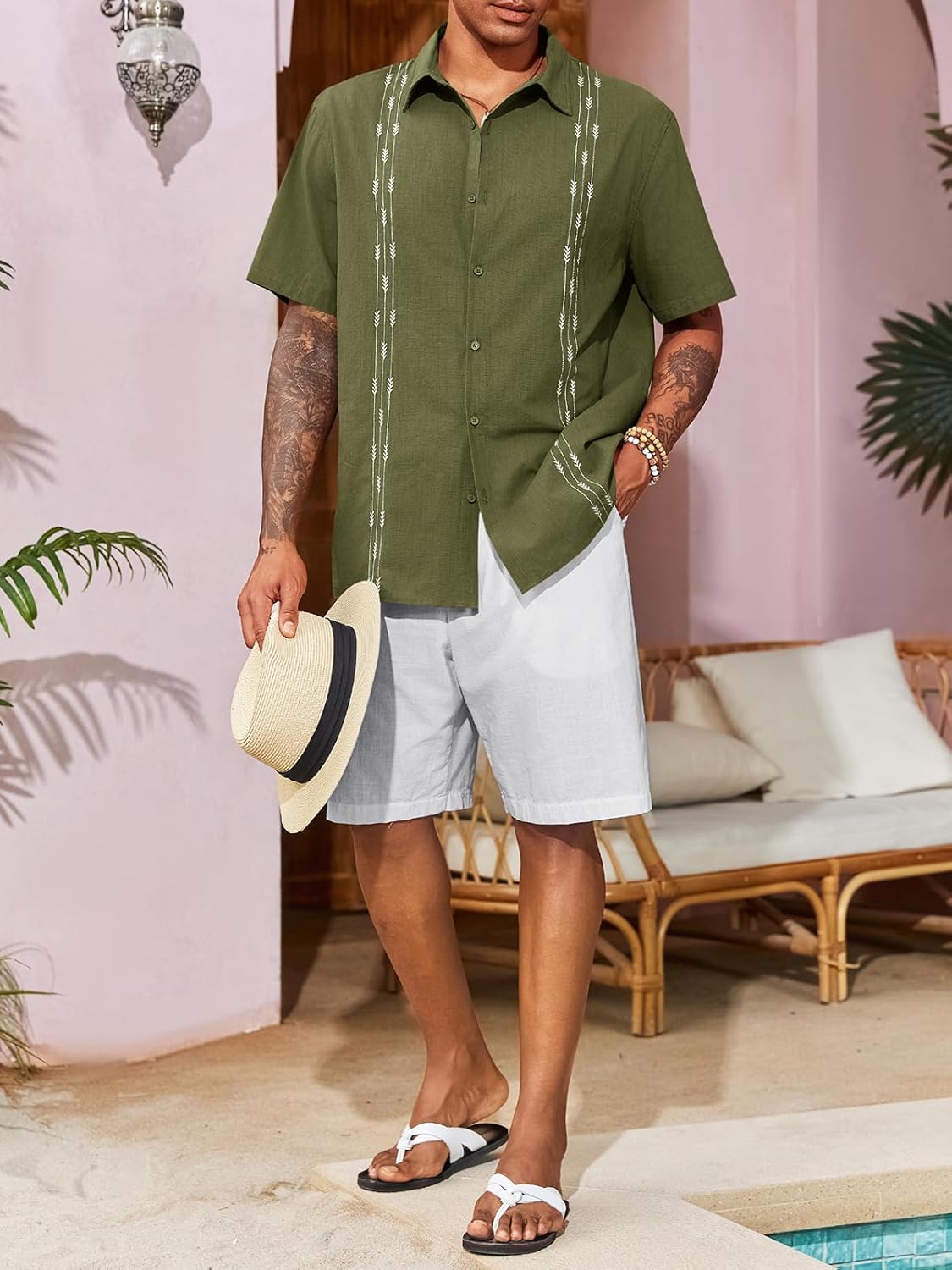 Runcati Mens Linen Shirt Guayabera Cuban Short Sleeve Button Down Cotton Summer Beach Hippie Shirts - Image 4