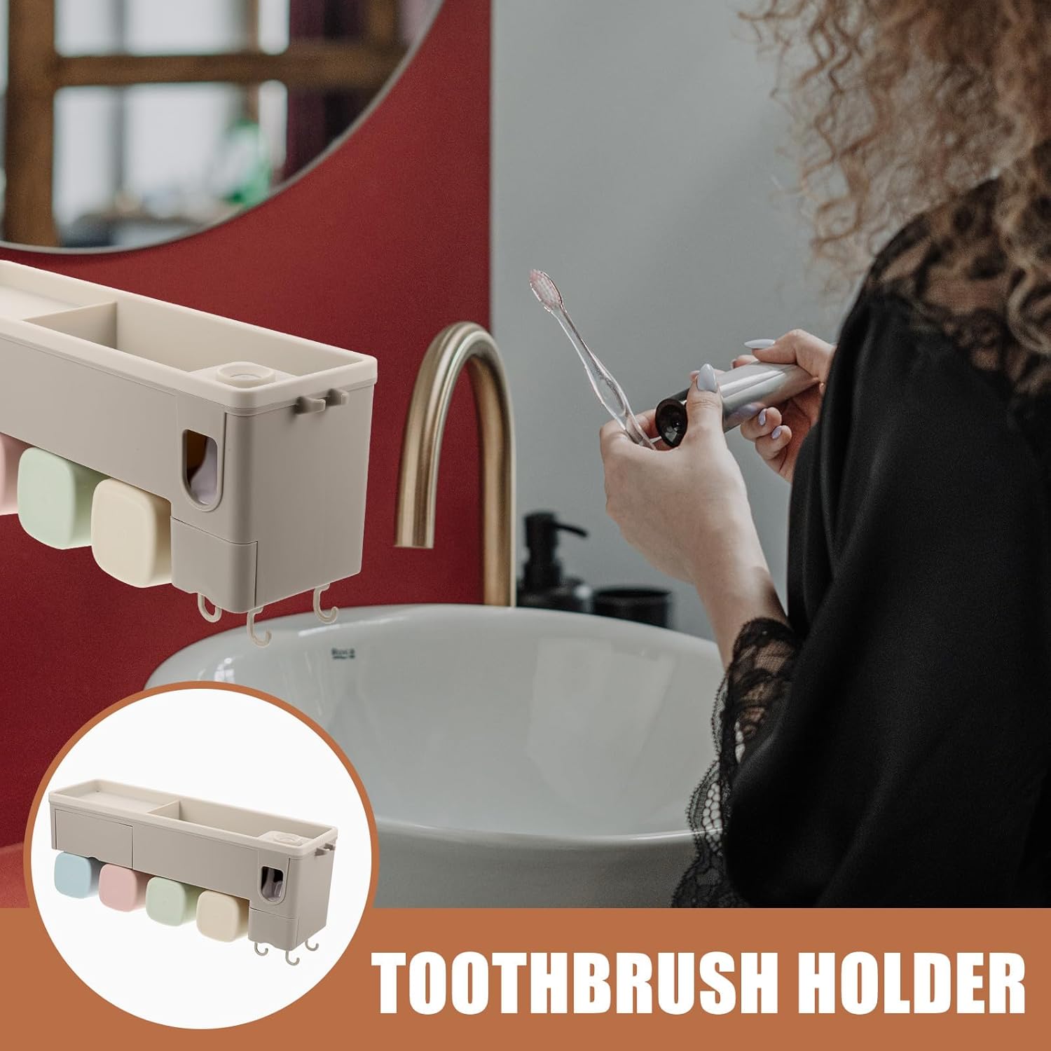 Automatic Toothpaste Dispenser Wall Toothbrush Holder Bathroom Rack Multifunctional Storage Organizer for Family of Four Easy Installation Gray