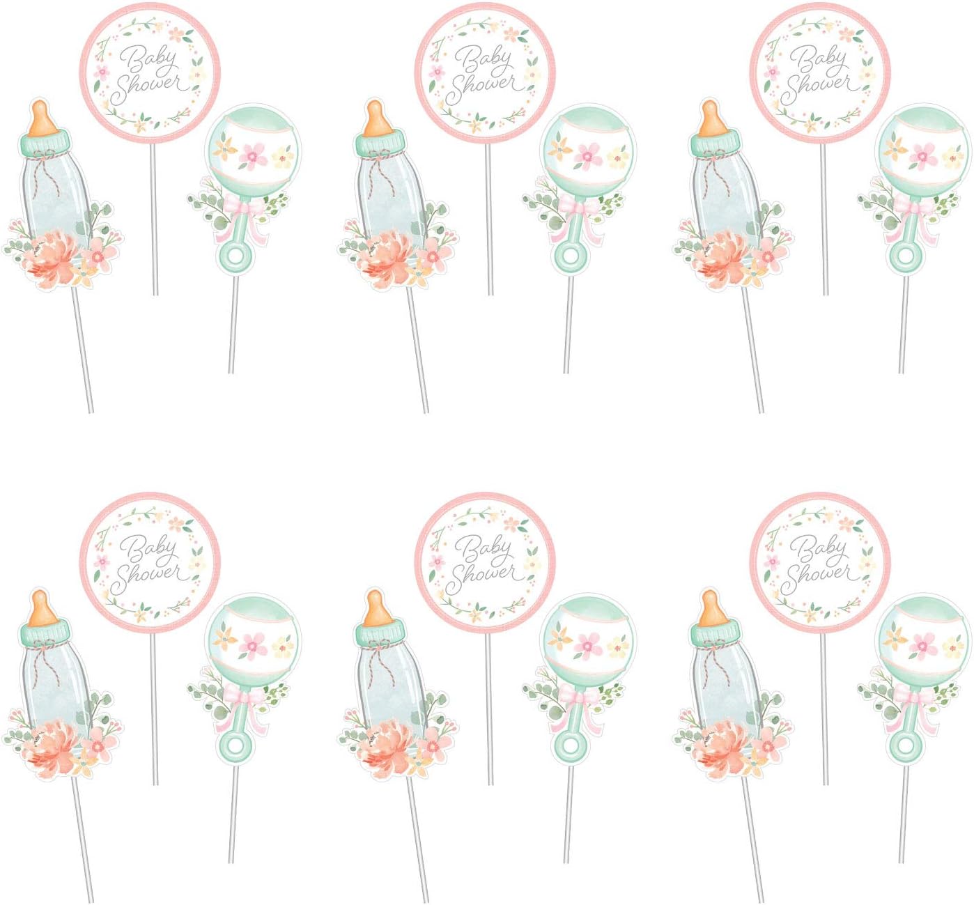 Baby Shower Decorations, Farmhouse Floral Design, 6 Centerpieces, 18 Sticks, 3 Designs, Baby Bottle, Rattle and “Baby Shower”