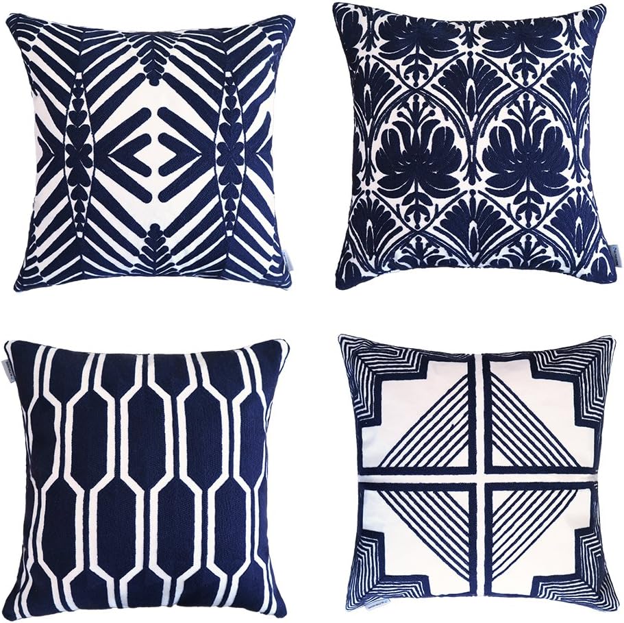 ALPHA HOME Embroidered Throw Pillow Covers Decorative Cushion Covers 18 x 18 inch, Set of 4, Navy