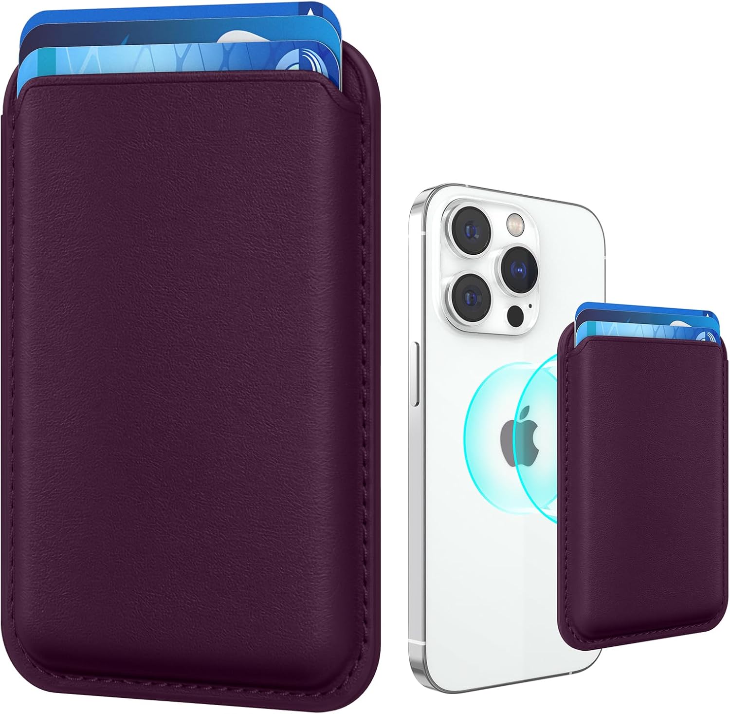 Magnetic Wallet Cell Phone Card Holder for Phone Case with Mag-Safe, Stronger Magnetic RFID Leather Phone Wallet Stick on Series of iPhone 15/14/13/12 and Pro/Promax, Cherry