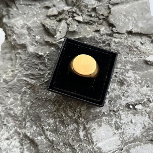 Miniatura 5 de Mens 10mm Gold Stainless Steel Signet Ring in Matte Brushed Finish - Minimalist Ring for Men with Engravable Oval Top (9)