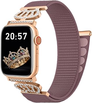 Nylon Bands Compatible with Apple Watch Band 38mm 40mm 41mm 42mm 44mm 45mm 46mm 49mm Women Men,Soft Nylon with Designer Bling Crown Band for iWatch Ultra Series 10/9/8/7/6/5/4/3/2/1/SE