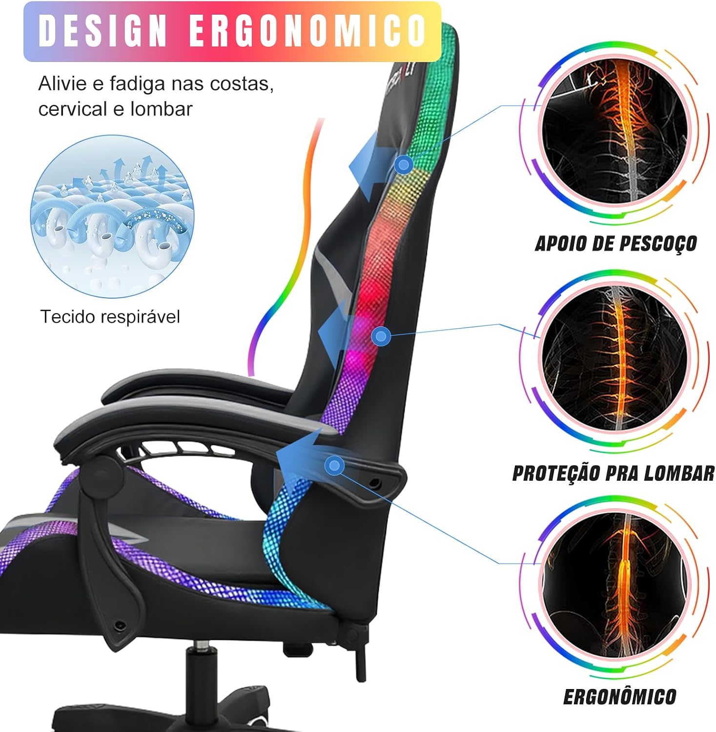 Cadeira Gamer RGB Python Fly com Iluminação Decorativa, Encosto Reclinável