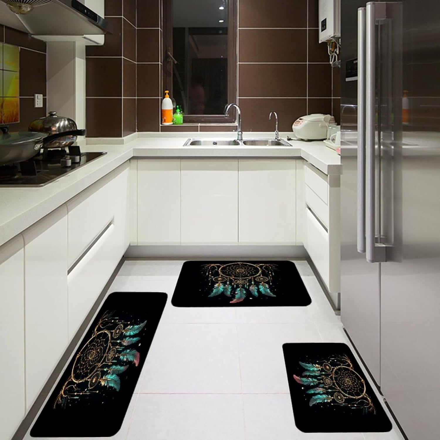 Dark Dream Catcher Kitchen Mat Set of 3 Waterproof Floor Mats Non-Slip Kitchen Rugs Premium Flannel Rug Heavy Duty Standing Mat for Kitchen Home Bathroom Laundry