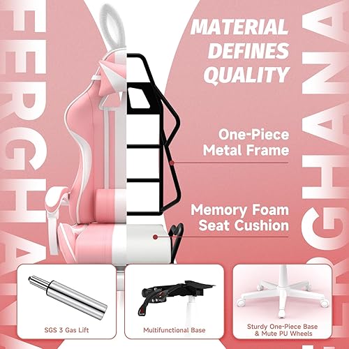 Miniatura 9 de Ferghana Silla Kawaii rosa para juegos con orejas de conejo, ergonómica y bonita silla para jugadores con reposapiés y masaje, silla reclinable de