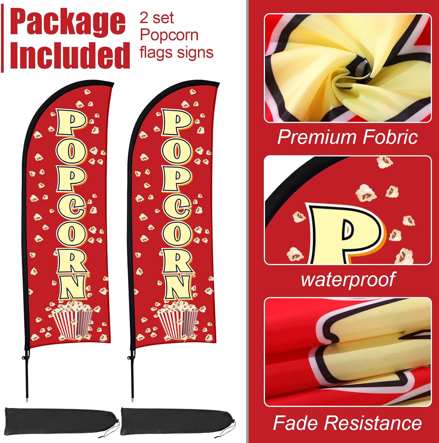 Buryeah 2 Sets Popcorn Feather Flag Pole Kit for Business Advertising 7 ft Fresh Popcorn Swooper Flag Banner Sign with Flagpole Ground Stake Portable Bag for Restaurants Food Trucks Events