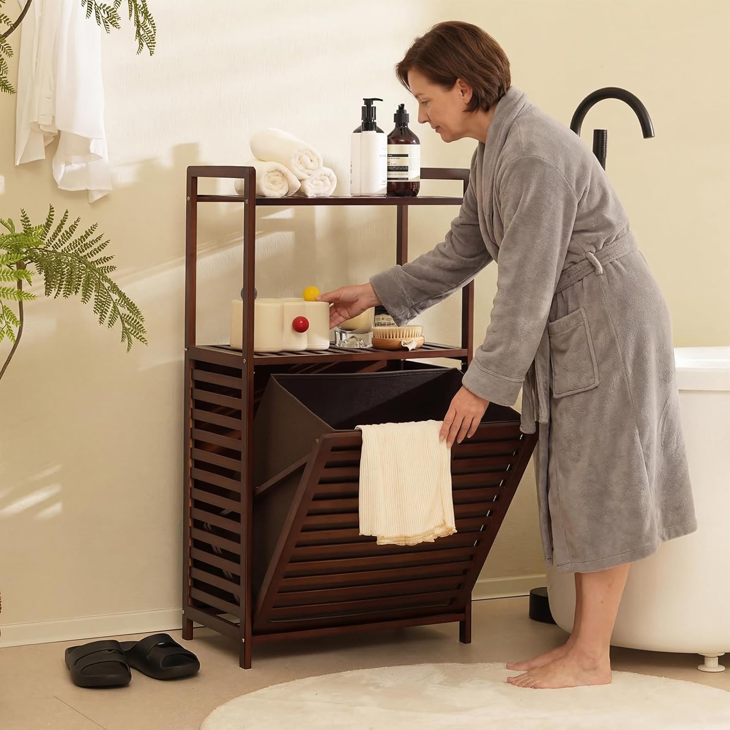 Baveke Laundry Hamper with 2-Tier Shelves & Tilt Out Basket, Laundry Baskets Organizer Hampers Bathroom Storage Shelf for Laundry Room, Bathroom, Nursery, Bedroom, Guest Room, Closet (2 Tier- Brown)