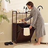 Vista 8 de Cesta de lavandería con estantes de 2 niveles y cesta inclinable, cestas organizadoras de ropa sucia, estante de almacenamiento de baño