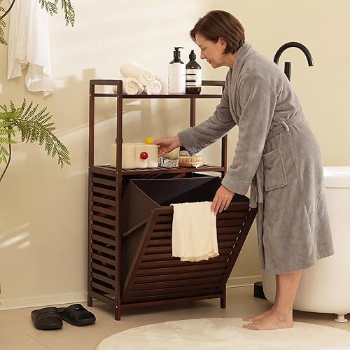 Miniatura 8 de Cesta de lavandería con estantes de 2 niveles y cesta inclinable, cestas organizadoras de ropa sucia, estante de almacenamiento de baño