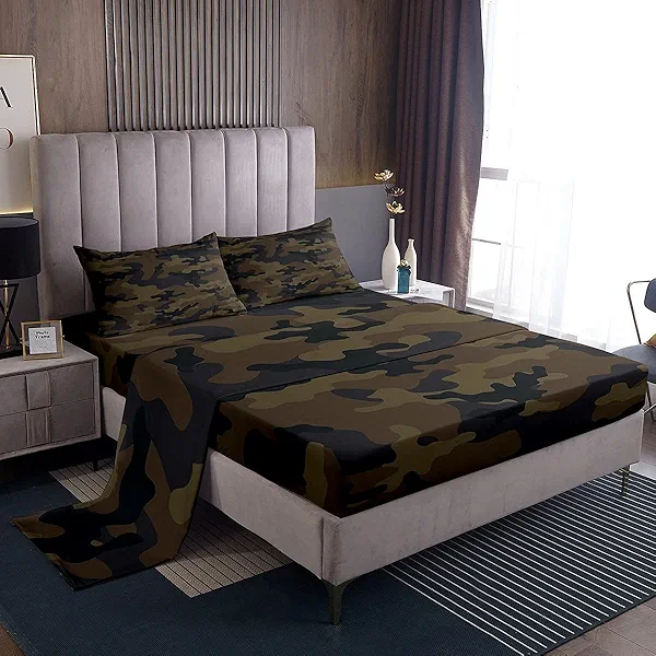 Kids Boys Camo Bed Sheets Army Camouflage Sheet Set for Girls Teens Youth Man Navy Blue Decor Bed Set Black Dark Brown Sheets Twin,1 Fitted Sheet+1 Pillow Sham+1 Flat Sheet