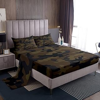 Kids Boys Camo Bed Sheets Army Camouflage Sheet Set for Girls Teens Youth Man Navy Blue Decor Bed Set Black Dark Brown Sheets Full,1 Fitted Sheet+2 Pillow Sham+1 Flat Sheet