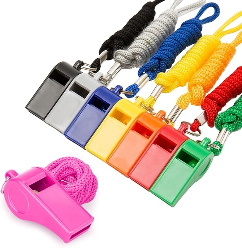 Paquete de 8 silbatos de seguridad ruidosos de 120 dB con cordón - Silbatos de emergencia de plástico de colores brillantes para deportes, entrenadores, salvavidas, kits de supervivencia y actividades al aire libre