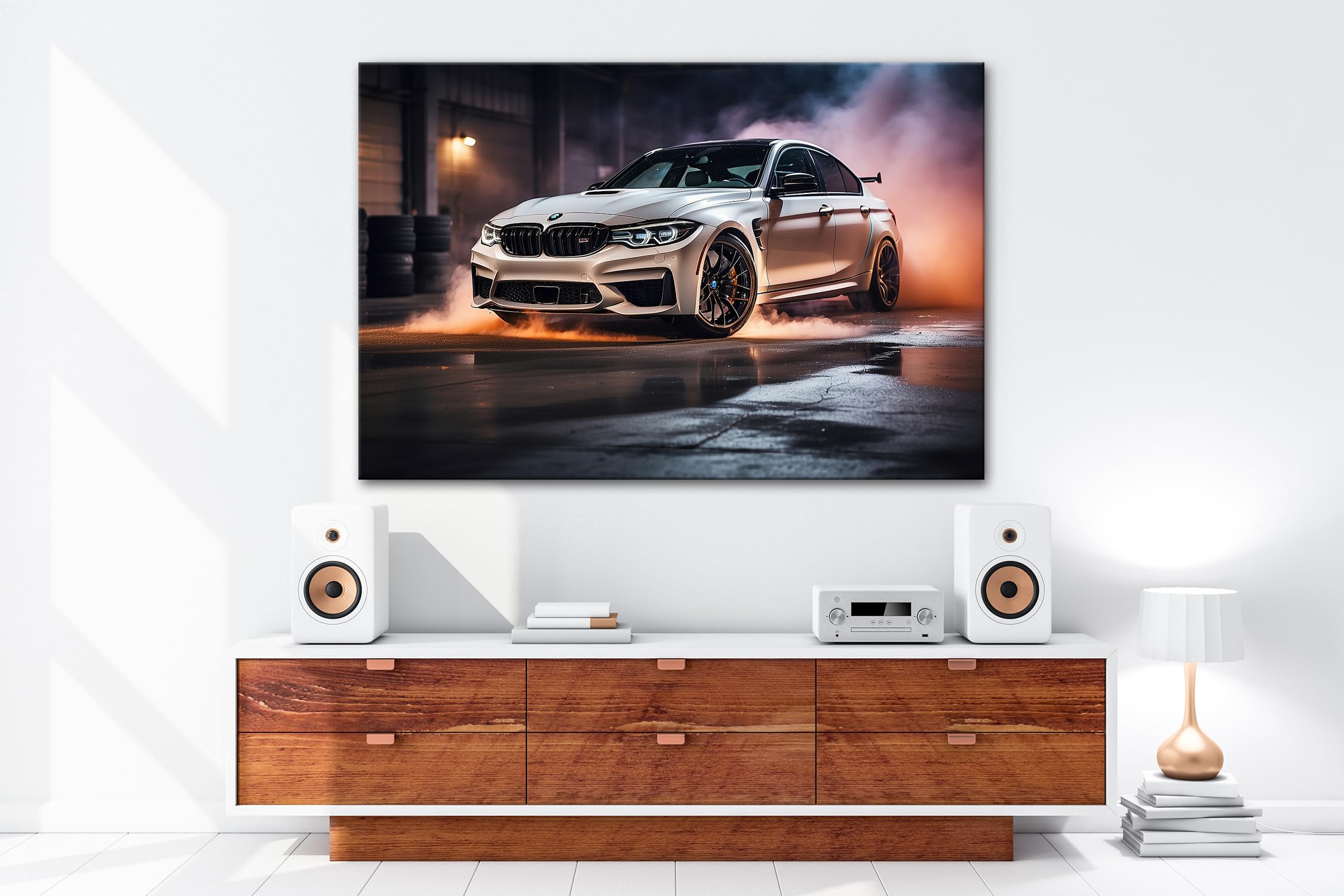 deyoli Leinwandbild Rauch und Power – ein BMW entfesselt pure Drift-Energie. Format: 80x60cm XXL Kunstdruck Bild auf Keilrahmen/Wandbild/Wohnzimmer Dekoration
