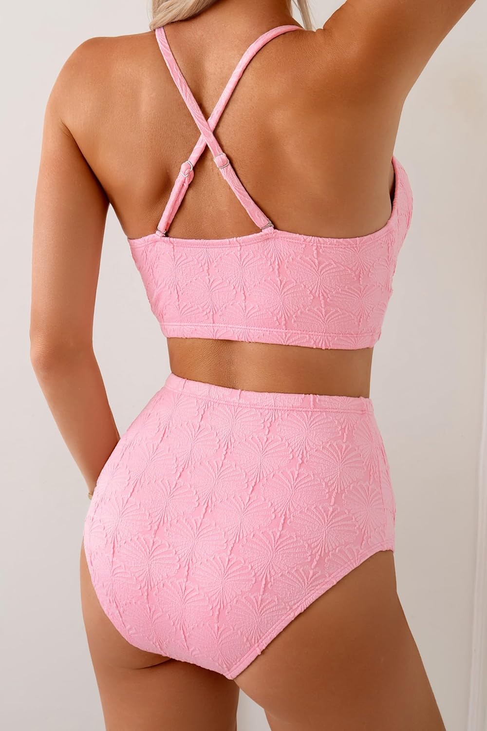 Herseas Women's Seashell Textured Bikini Sets Stitching Ribbon Shell Decoration Swimsuits High Waisted Bathing Suits
