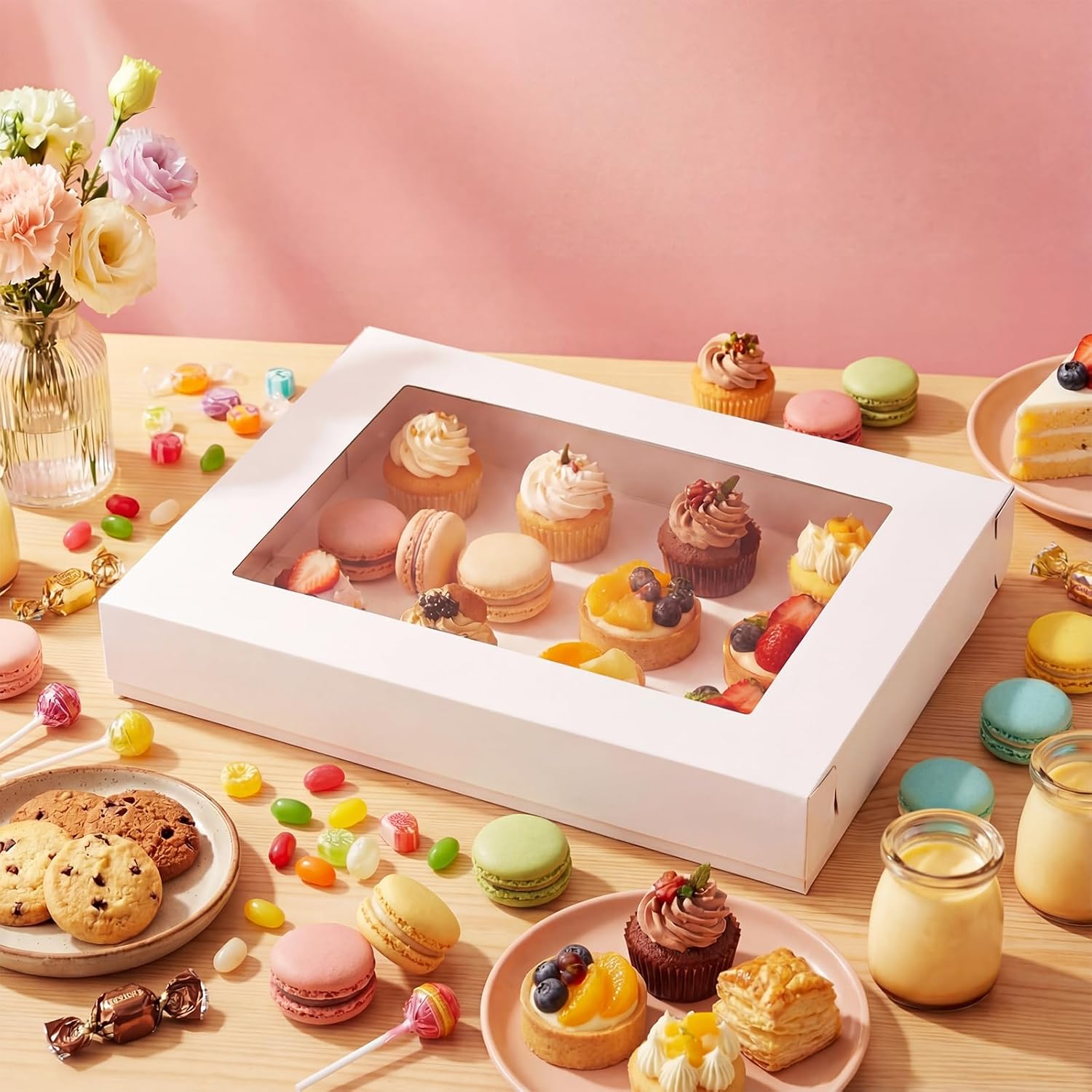 5 Set Heavy Duty Corrugated Full Sheet Window Cake Box 26x18x4 Inch with Cake Board and Pink Satin Ribbon Large Rectangle Bakery Boxes with Window White Bakery Boxes for Packaging Cupcake