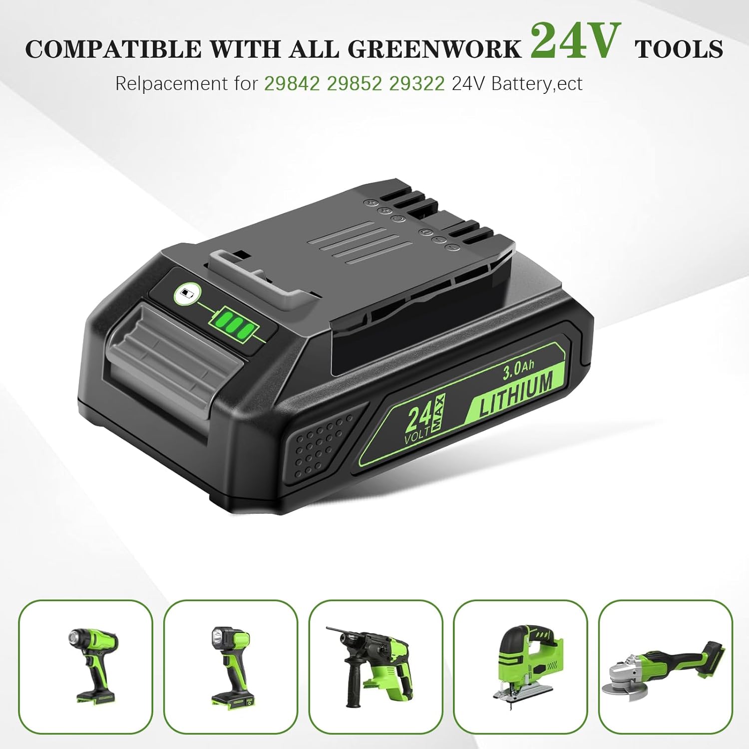 24V Battery Replacement for Greenworks: 24 Volt Lithium Battery 29842 29852 LB24A020 for Greenworks 24V Trimmer Blower Chainsaw Tools - 3.0Ah 2 Pack