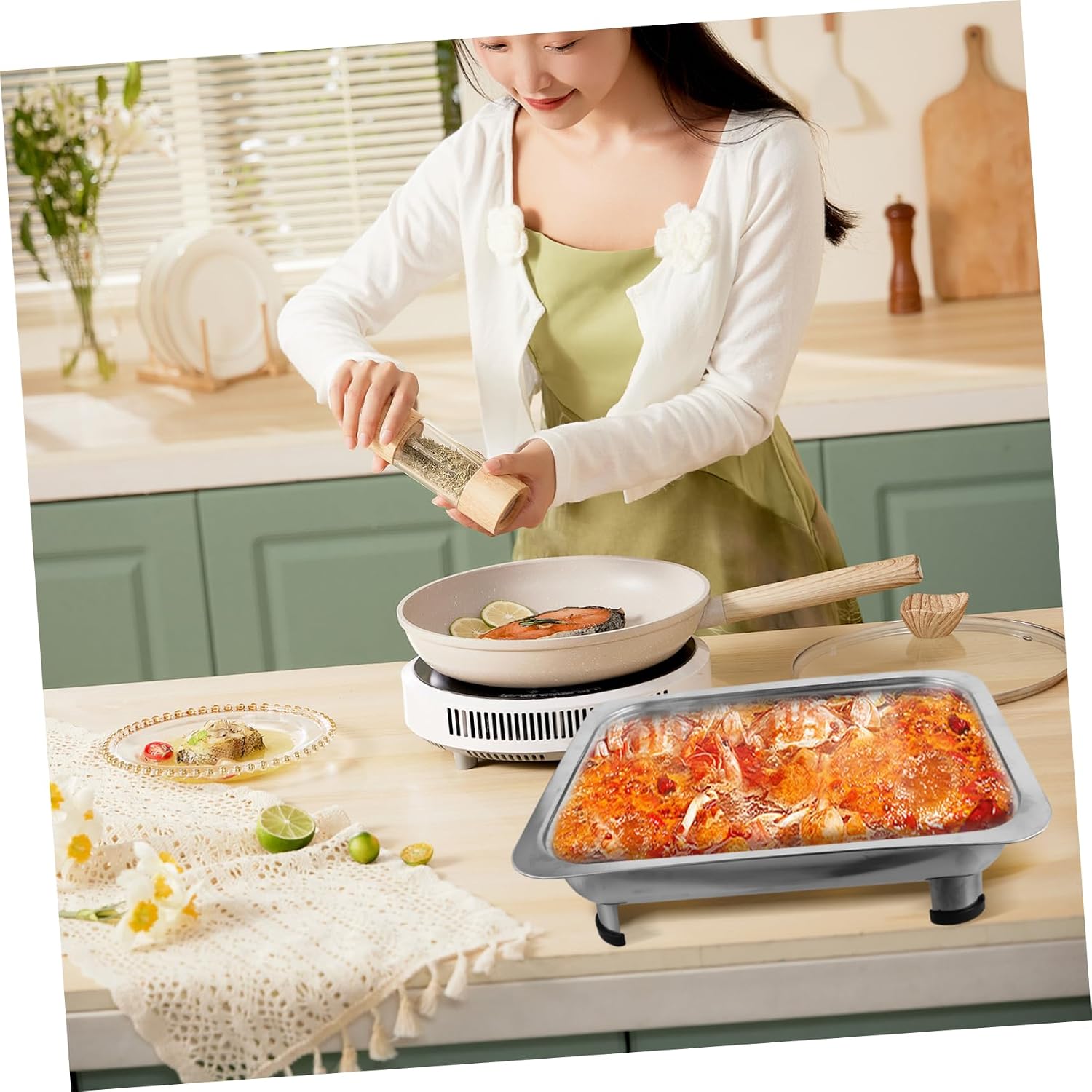 Stainless Steel Dinner Plate Compartment Tray Lids Chafing Buffet Dish Food Serving Banquet Reusable Large Platters Style Catering Supplies Buffet Display Party Plastic Silver