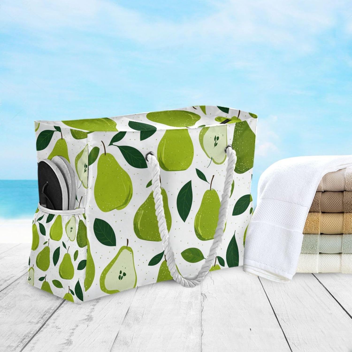 OTVEE Green Pear and Leaves Pattern Beach Bags for Women Ladies Large Canvas Tote Shoulder Bag Waterproof Travel Bags for Gym Swim Pool Camping