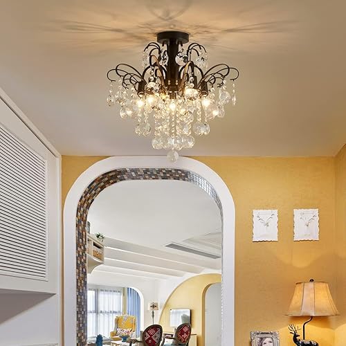 Miniatura 8 de WUZUPS Crystal Chandelier Flushmount Ceiling Light Modern Lighting Fixture for Bedroom Hallway Bar Kitchen Bathroom, H 17.5'' x W 19.3'', E12 Base