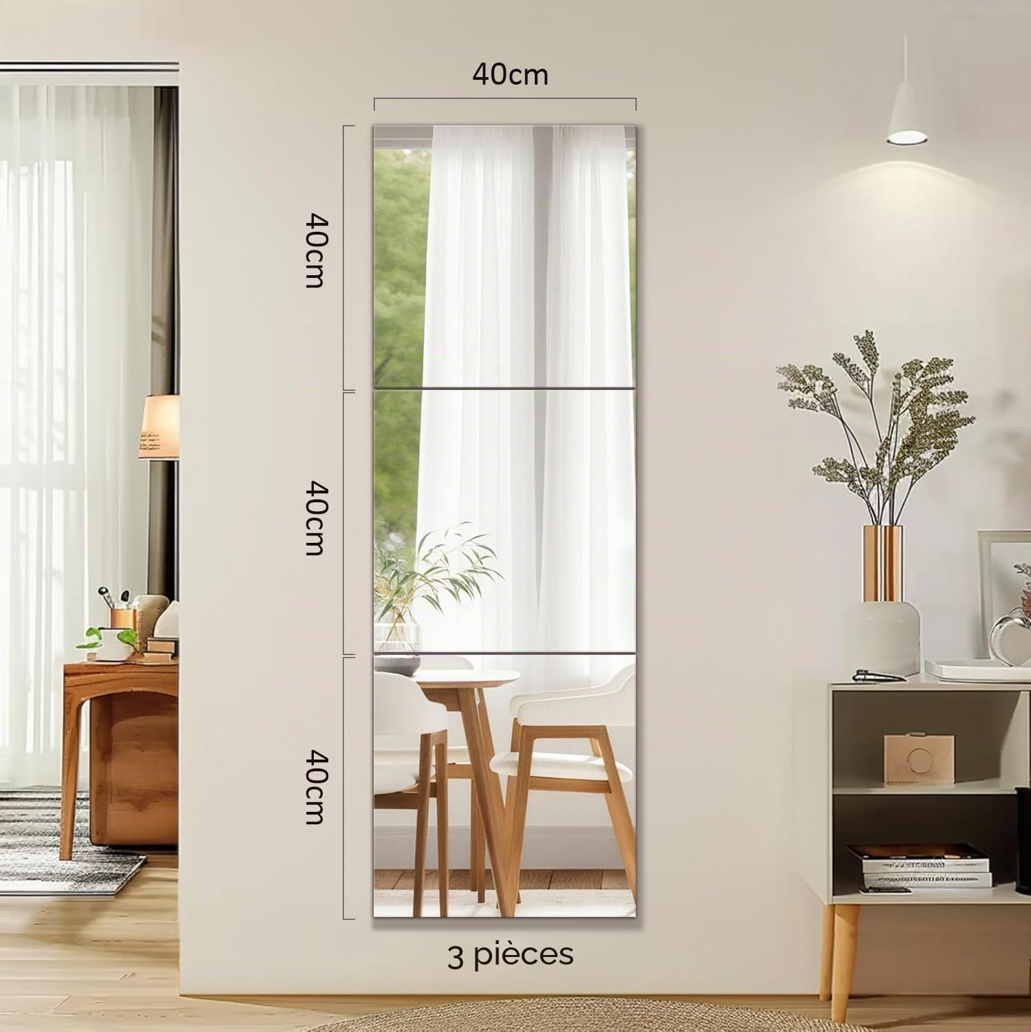 Grand Miroir Mural Rectangulaire Adhesif Verre HD, 3 Pièces 40x40cm sans Cadre Miroir Salle de Bain, Moderne Autocollant Mirroir Murales pour Chambre Entree Maison Porte Placard Salle de Bain