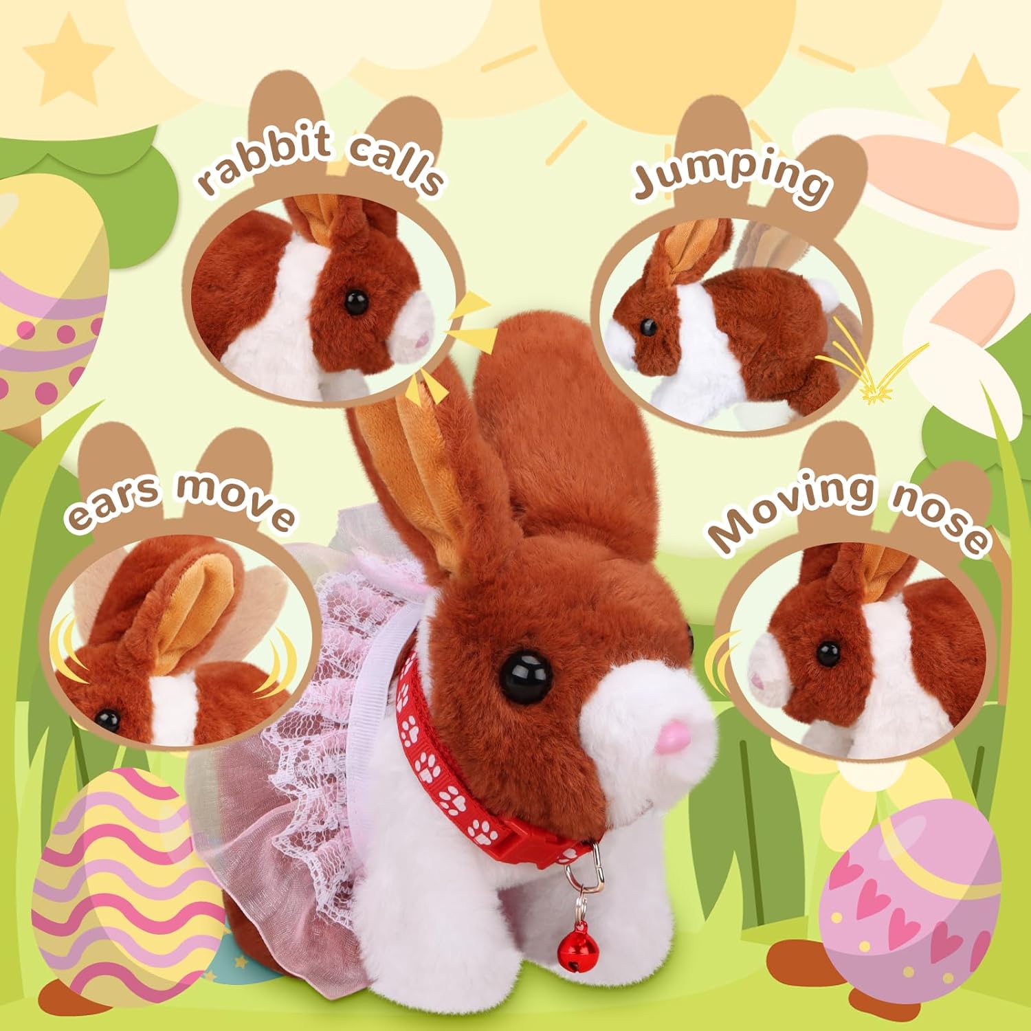 Easter Bunny Stuffed Animal, Ideal Easter Gifts for Kids 3-5, Hopping Bunny Toys for Kids with Sounds, Wiggling Ears, Nose, Jumping, Great for Birthdays, Children's Day