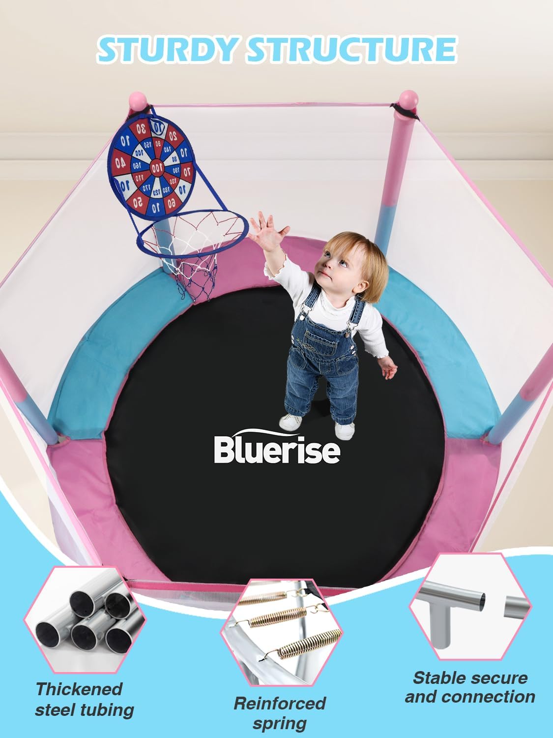 BLUERISE 60" Trampoline for Kids 5FT Toddler Trampolines Indoor/Outdoor with Adjustable Gymnastics Bar & Safety Net, No-Gap Design, Anti-Rollover Bottom, Basketball Hoop, Gifts for Boys & Girls